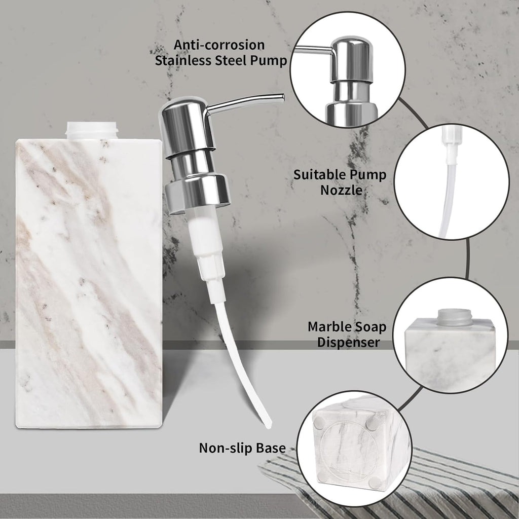 White Marble Soap Dispenser for Bathroom and Kitchen Countertop - Lotion and Liquid Soap Dispenser, 6.7 Ounces Soap Bottle with Pump