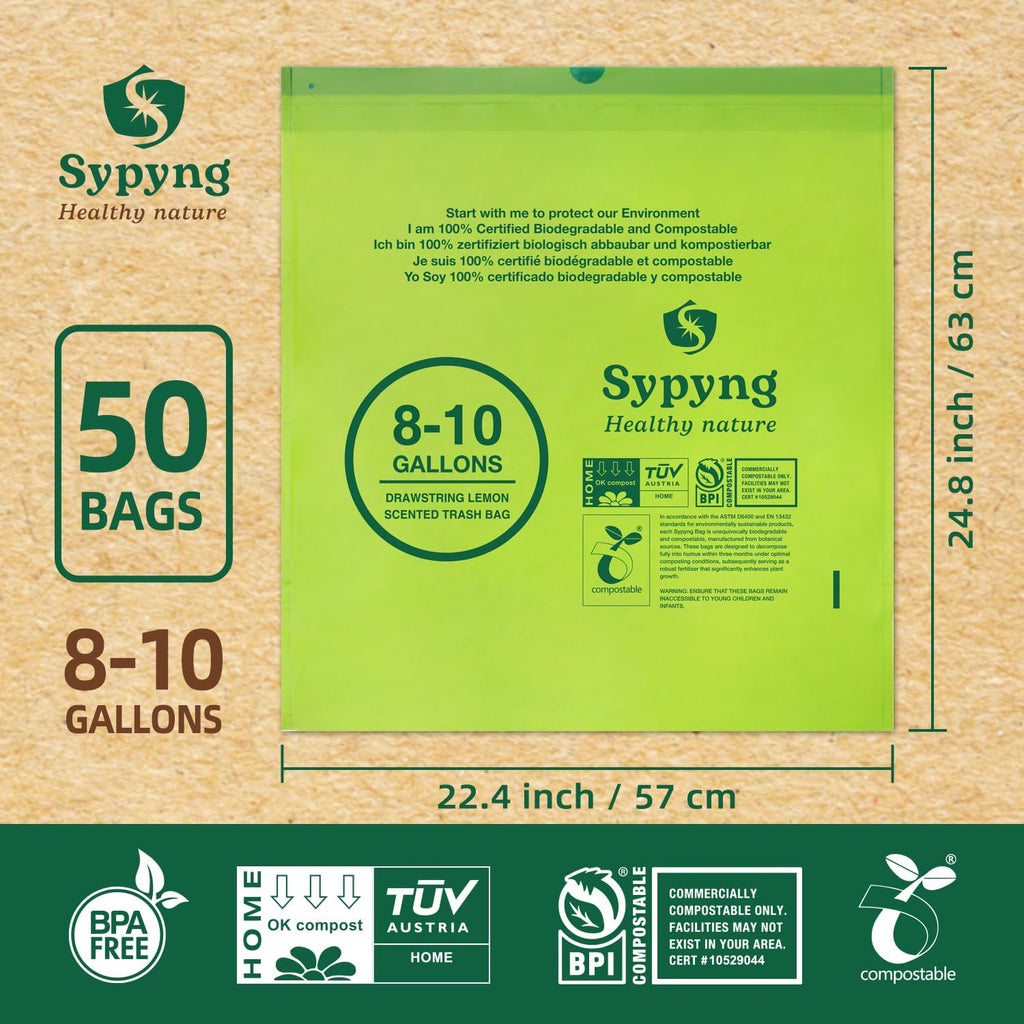 Compostable Kitchen Trash Bags 8-10 Gallon (50-Pack) – Heavy-Duty, 1.1 Mil Thick, 100% Biodegradable Bag for Medium to Large Bins. ASTM D6400, BPI & OK Compost HOME Certified Eco-friendly & Recyclable