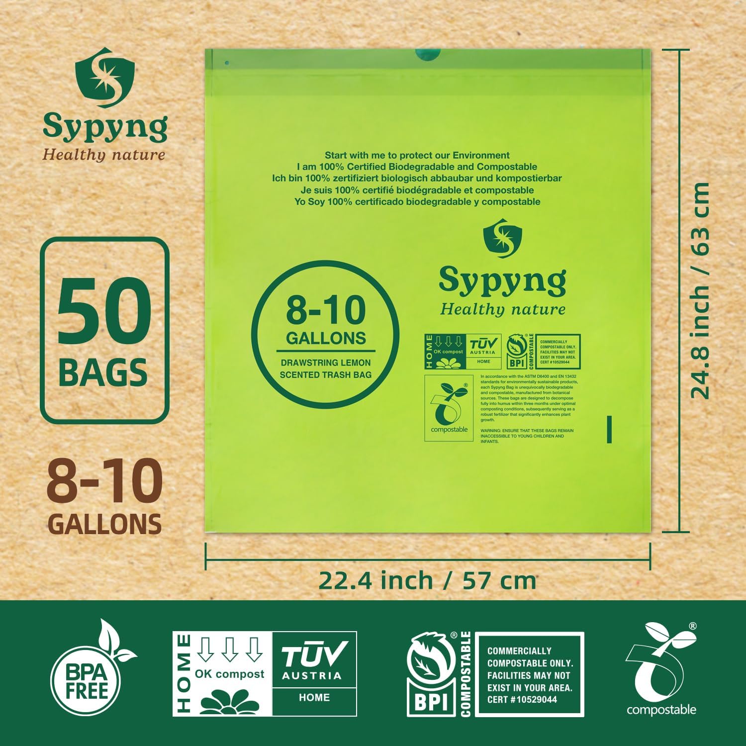 Compostable Kitchen Trash Bags 8-10 Gallon (50-Pack) – Heavy-Duty, 1.1 Mil Thick, 100% Biodegradable Bag for Medium to Large Bins. ASTM D6400, BPI & OK Compost HOME Certified Eco-friendly & Recyclable