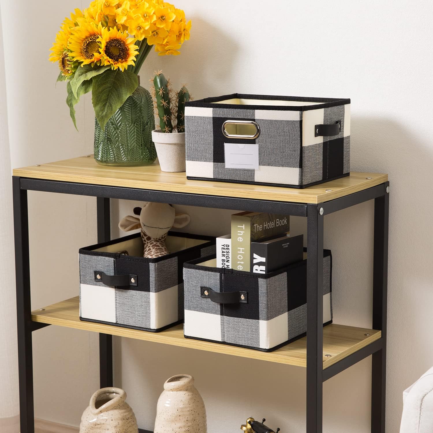 PRANDOM Fodable Storage Bins for Closet [3-pack] Decorative Fabric Storage Baskets Cubes with Leather/Metal Handles for Shelves Bedroom Living Room Black and White Grid (11.5x8.5x6.7 Inch)