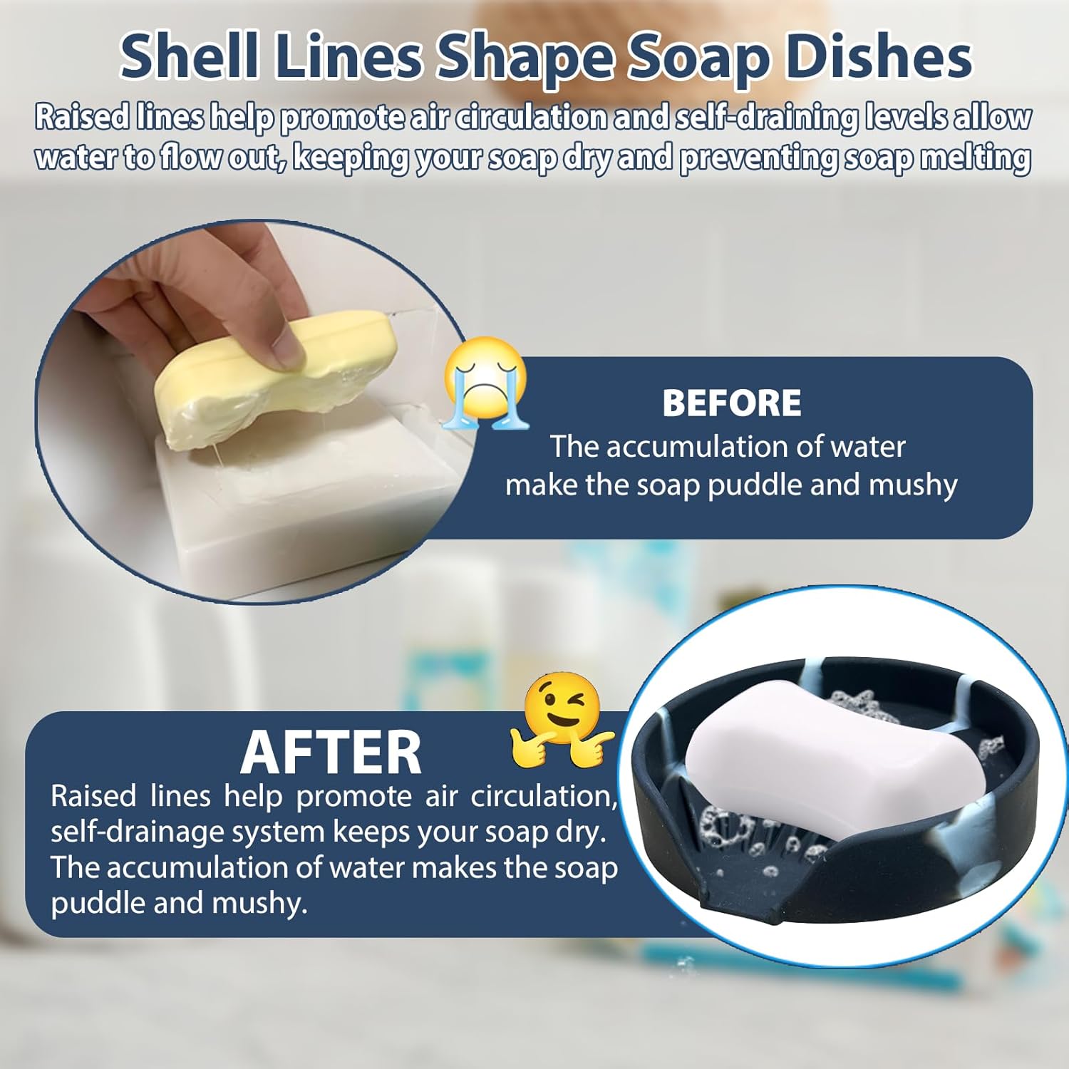 Self Draining Soap Dish, Silicone Suction Cup Soap Holder Tray Savers Container Sponge Holder for Bar Bathroom Shower Kitchen Sink, Can Extend Soap Life (1, Marble)