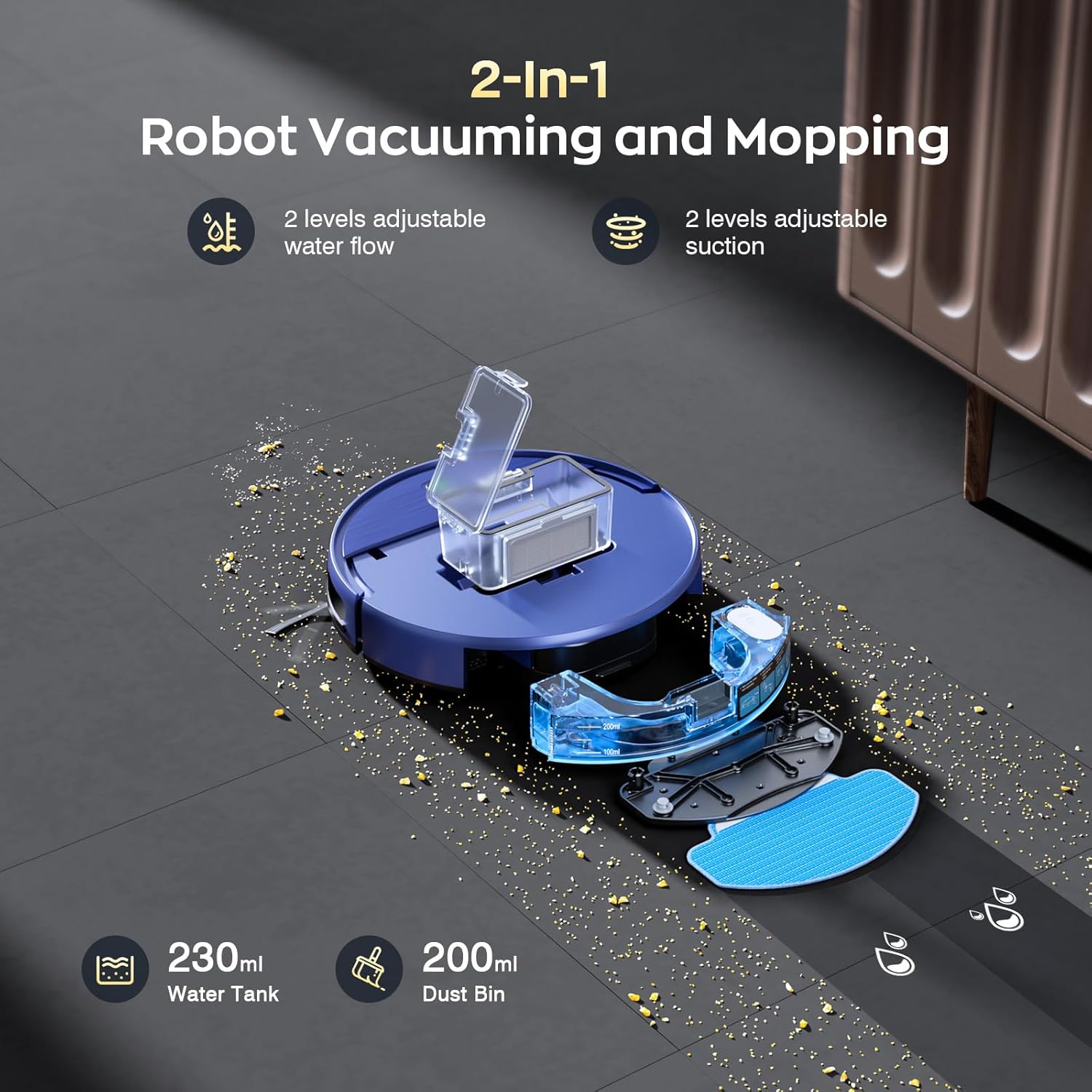 Robot Vacuum and Mop Combo with APP/Voice/Remote Control, 2 in 1 Vacuuming & Mopping Robot, Schedule, Strong Suction, Tangle-Free, Slim & Quiet, for Homes with Pets, Low Pile Carpet & Hard Floors