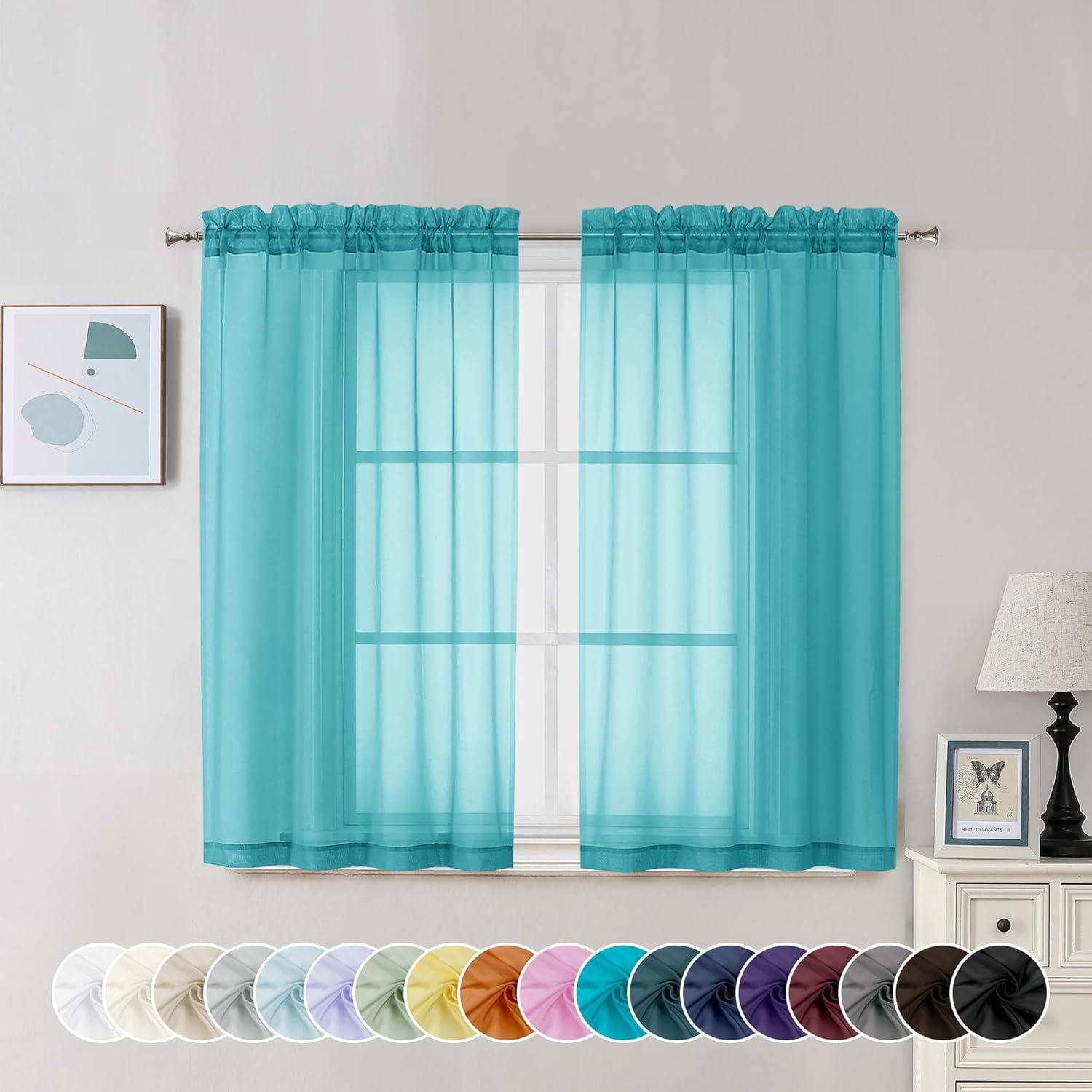 Chyhomenyc Turquoise Sheer Curtains 45 Inch Long 2 Panels, Light Filtering Rod Pocket Voile Short Curtains Drapes for Living Room Bedroom Small Windows, 42Wx45L Inches