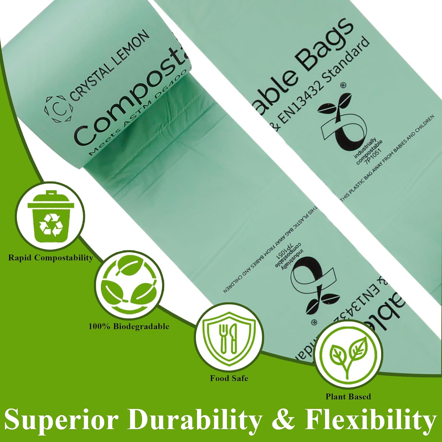 C Crystal Lemon 50 Count Biodegradable Kitchen Food Waste Bags - 6 Gallon Scraps Bags - Heavy Duty Compostable Waste Bags for Kitchen - Unscented Trash Bags 6 Gallon for Yard, Food