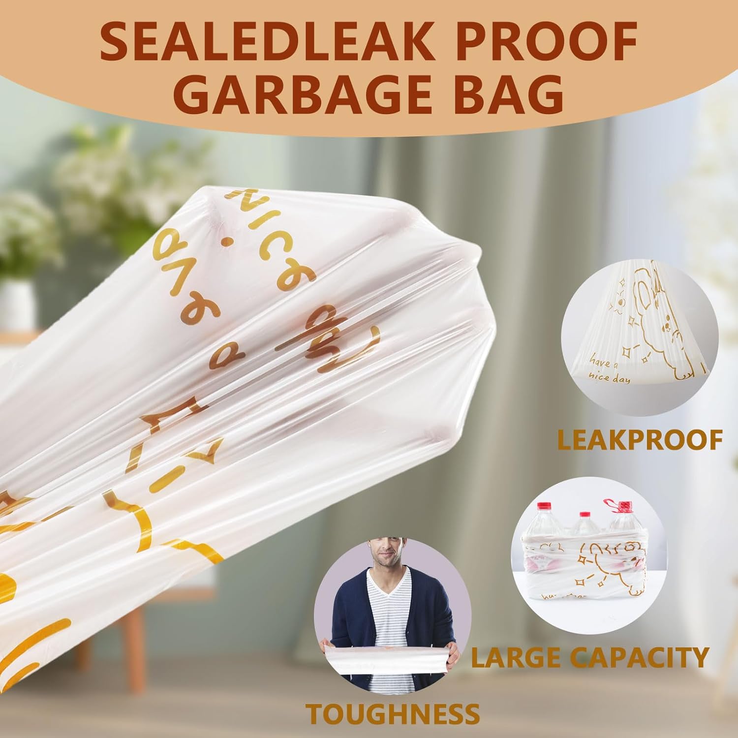 4 Gallon Trash Bags with Cute Rabbit Printed & Drawstring, Tear-Resistant Small Bathroom Garbage Bags, Heavy-Duty Trash Can Liners for Home/Office, 60 Counts