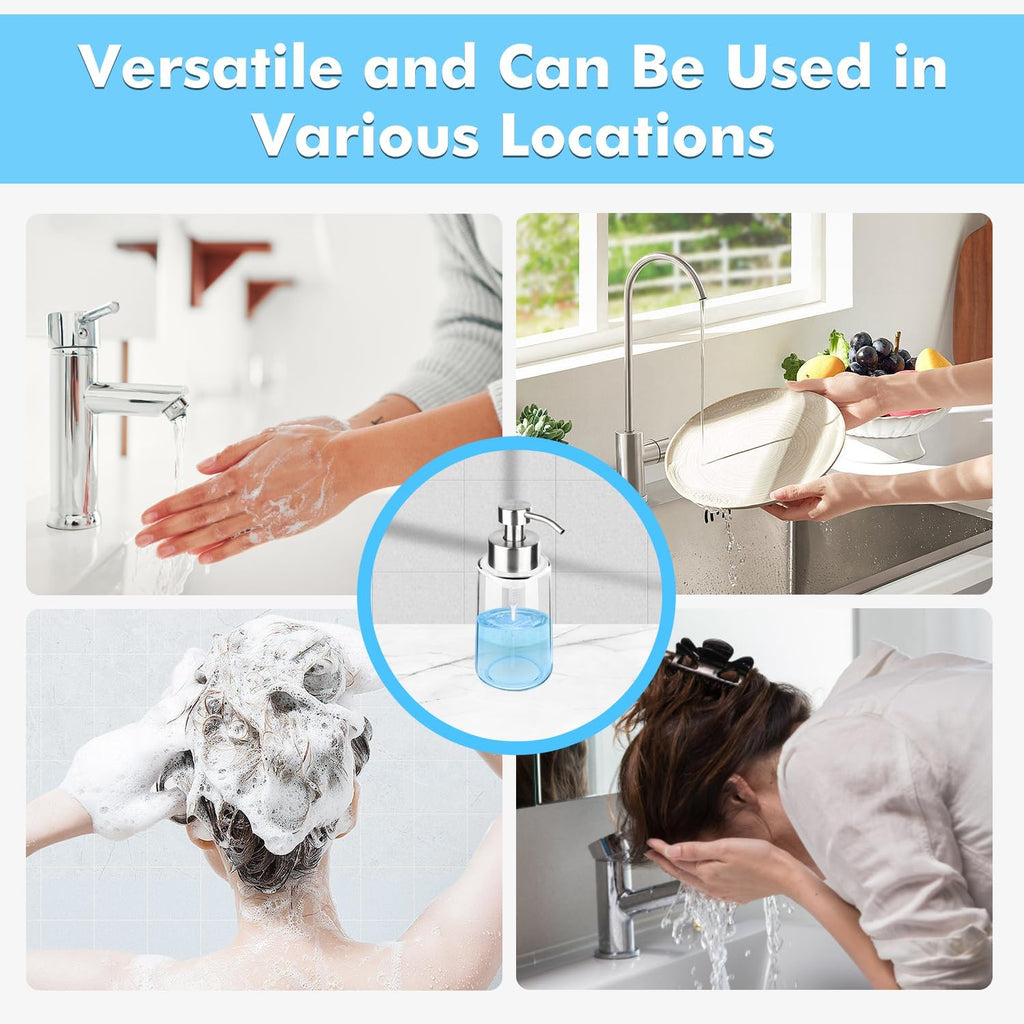 Thick Glass Soap Dispenser with Rust Proof Stainless Steel Pump, Clear Foam Soap Dispenser with Wide Opening for Kitchen and Bathroom（15 Oz）