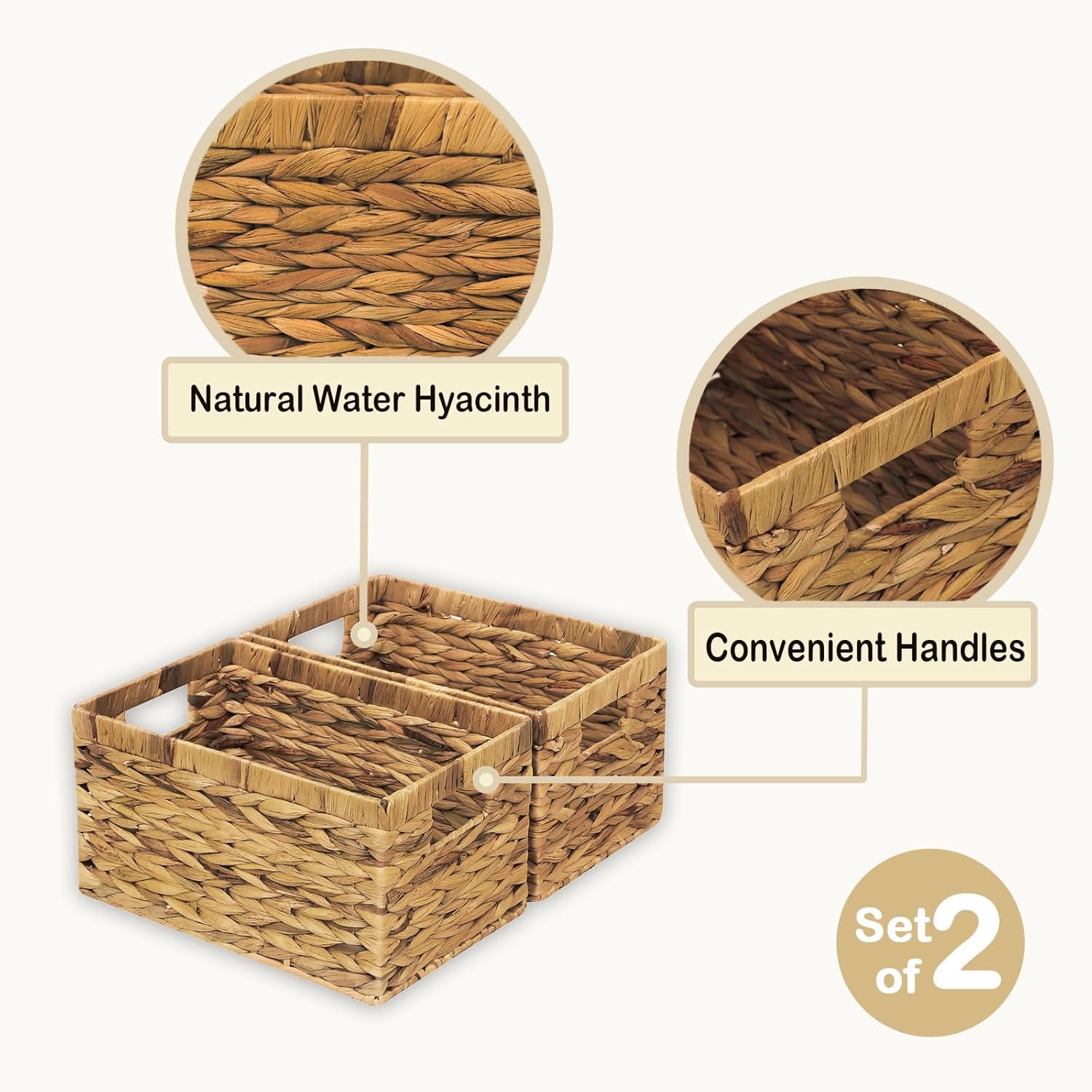 Rectangular Storage Basket 2PCS Water Hyacinth Baskets,Hand-Woven Baskets with Handles,12.99x7.08x8.26″for Living Bedroom Organizing Shelves