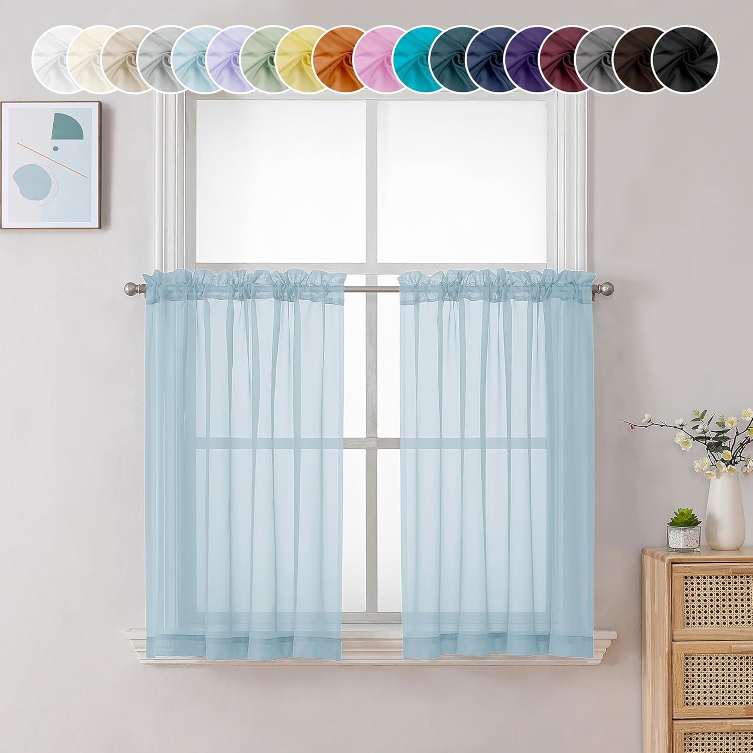 Chyhomenyc Sheer Sky Blue Tier Curtains 24 Inch Length, Small Window Curtains Treatment for Bathroom Living Room Basement, Short Rod Pocket Cafe Curtain, 42W x 24L Inches, 2 Panels