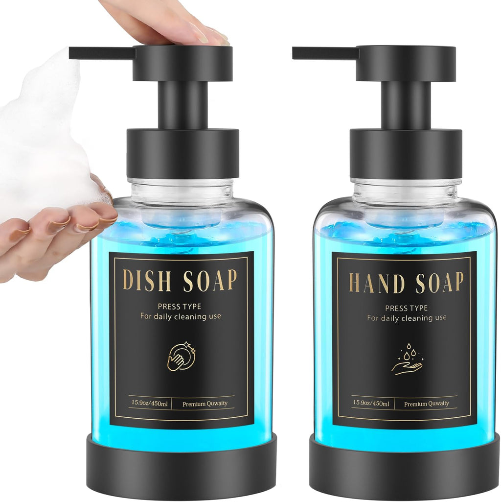 Luxspire Foaming Soap Dispenser, Glass Foam Pump Soap Dispenser, Non-Slip Hand Soap Dispenser with 5 Waterproof Labels, 15 Oz Refillable Liquid Soap Dispenser for Bathroom & Kitchen, Clear, 2 Pack