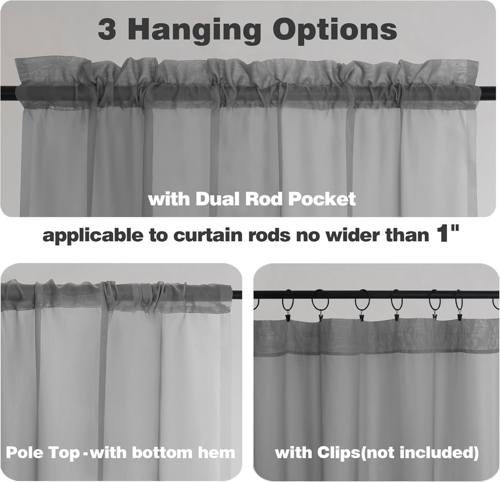Chyhomenyc Voile Sheer Window Curtain Panels 54 Inch Long, Set of 2, Top Dual Rod Pockets Light Filtering Drapes for Small Window/Bathroom/Living Room/Bedroom, 42W x 54L inches, Charcoal Grey