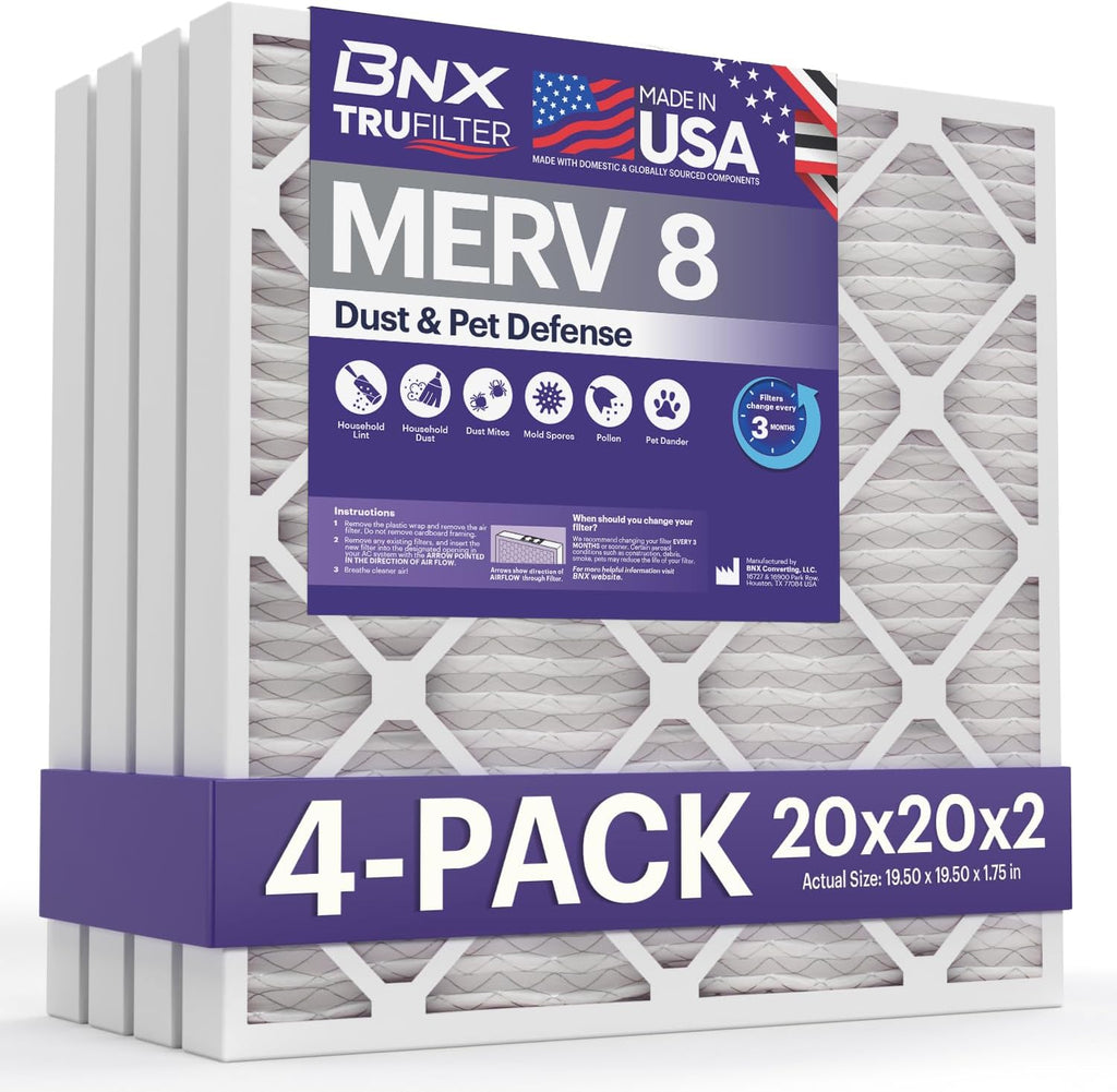 BNX TruFilter 20x20x2 Air Filter MERV 8 (4-Pack) - MADE IN USA – Dust & Pet Defense Electrostatic Pleated Air Conditioner HVAC AC Furnace Filters for Dust, Pet, Mold, Pollen MPR 600 – 700 & FPR 5
