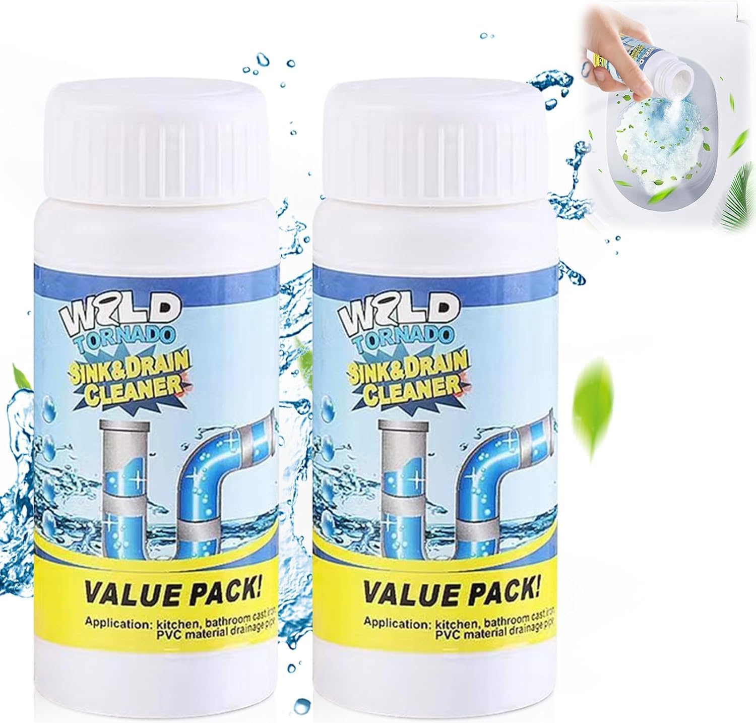 Wild Tornado Pipe Dredge,Powerful Sink Cleaner Powder Fast Foaming for Kitchen Toilet Pipeline Quick Cleaning Tool（2pcs）