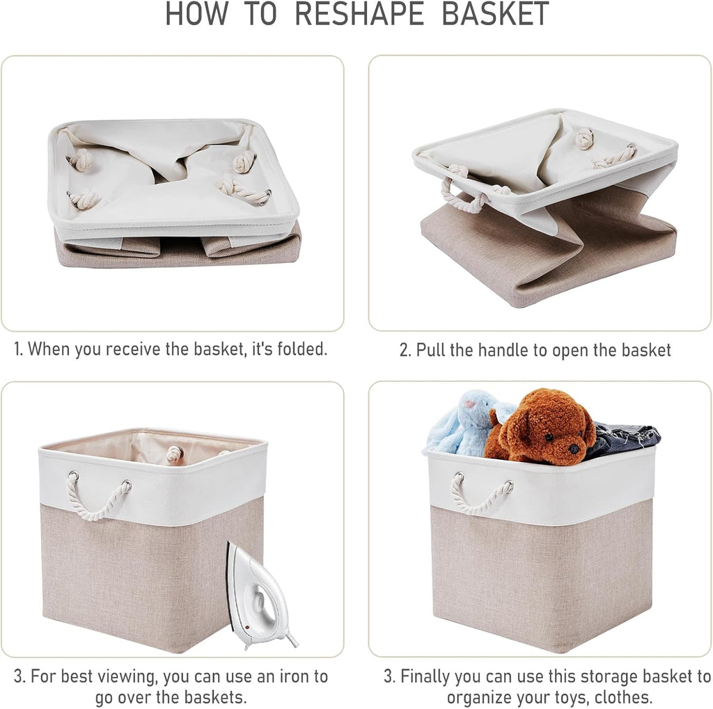 13 x 13 Inch Storage Cubes，6 Pack Cube Storage Bins for Shelves，Fabric Collapsible Storage Bins with Handles, Foldable Storage Basket for Organizing Clothes, Toys, Books (White&Beige)