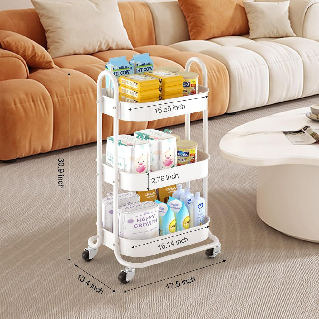 EAGMAK 3 Tier Rolling Cart, Round Metal Utility Cart with Lockable Wheels, Storage Cart Organizer Trolley with Mesh Shelves for Living Room, Kitchen, Bedroom, Office(White)