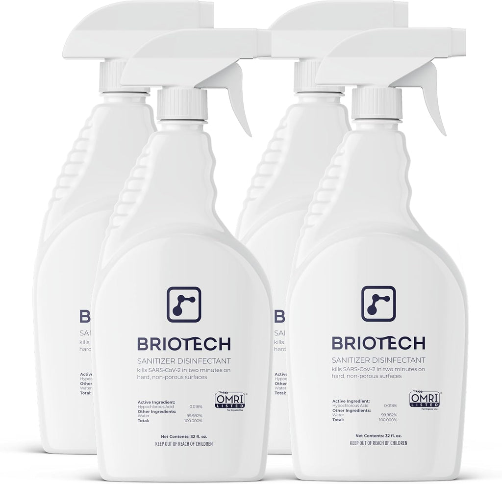 BRIOTECH Sanitizer Disinfectant Hypochlorous Spray, Kill 99.99% of Viruses & Bacteria, Control Mold, Eliminate Odor, Gentle for Nursery & Play Rooms, Food Contact Surface Sanitizer, 32 fl oz (4 Pack)
