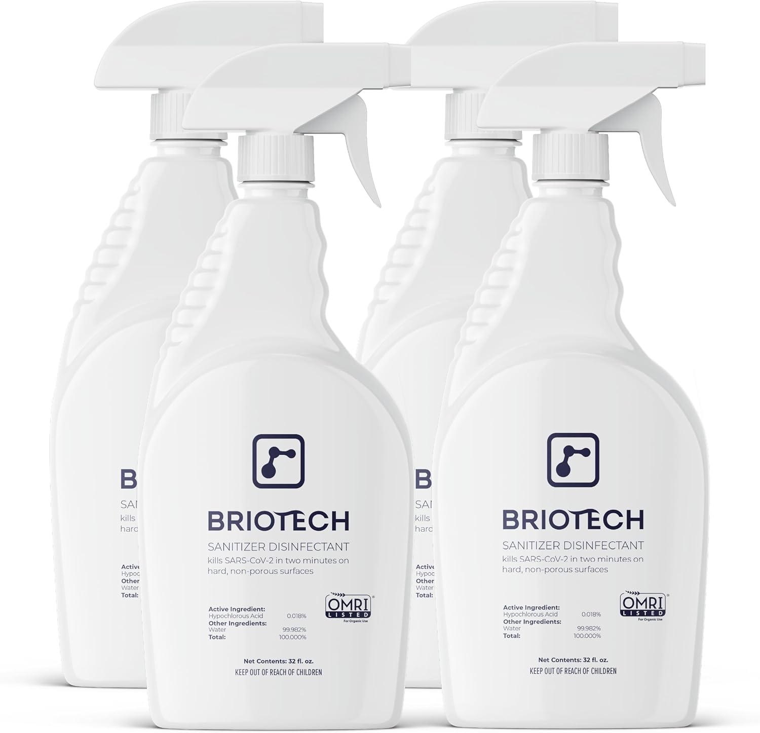 BRIOTECH Sanitizer Disinfectant Hypochlorous Spray, Kill 99.99% of Viruses & Bacteria, Control Mold, Eliminate Odor, Gentle for Nursery & Play Rooms, Food Contact Surface Sanitizer, 32 fl oz (4 Pack)