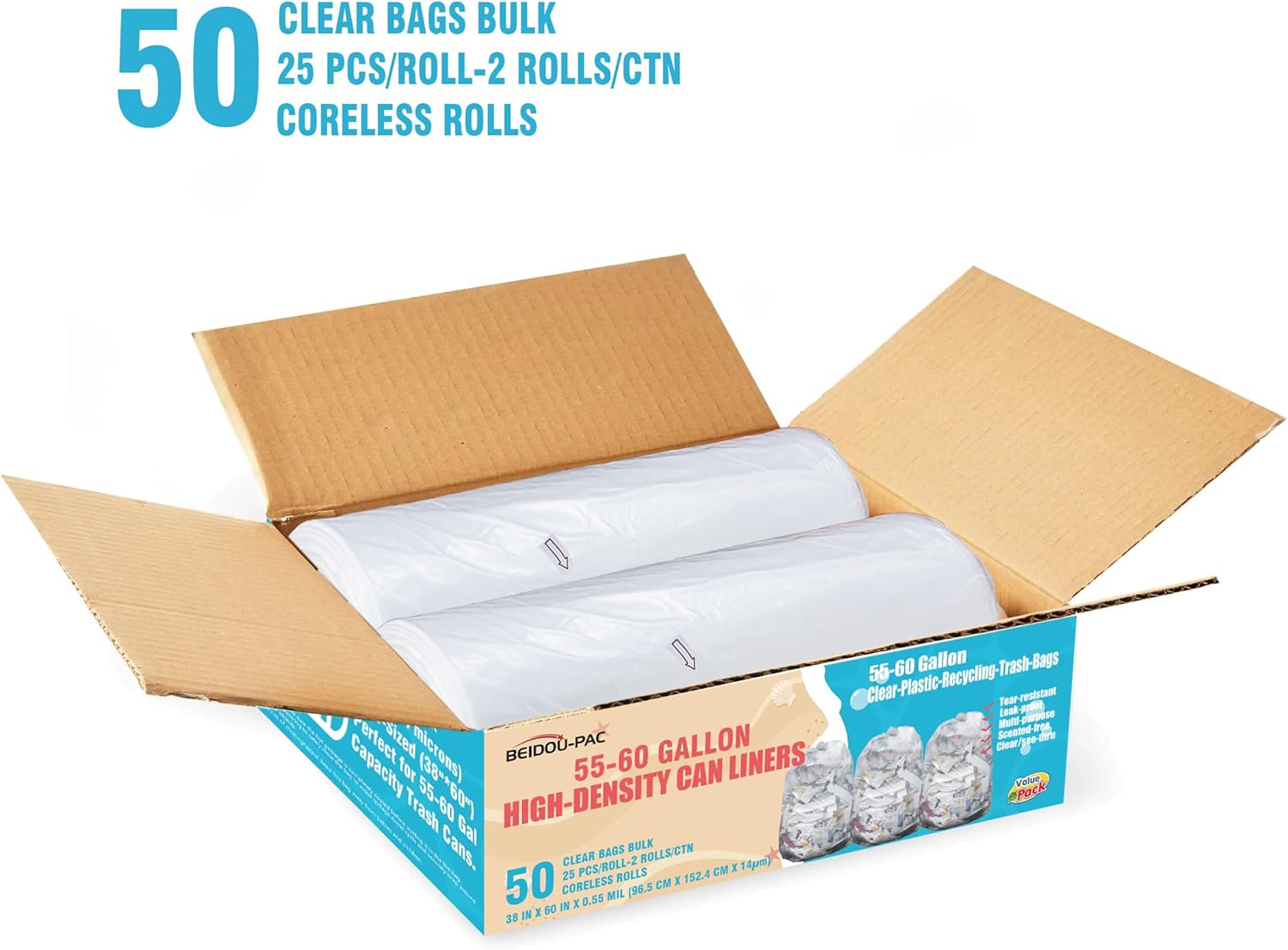 55-60 Gallon Trash Bags, 50 Count Bulk, Heavy Duty Clear Plastic Recycling Bags, Multi-purpose Garbage Bags for home Commercial, Outdoor, Construction, Industrial, Lawn, Leaf