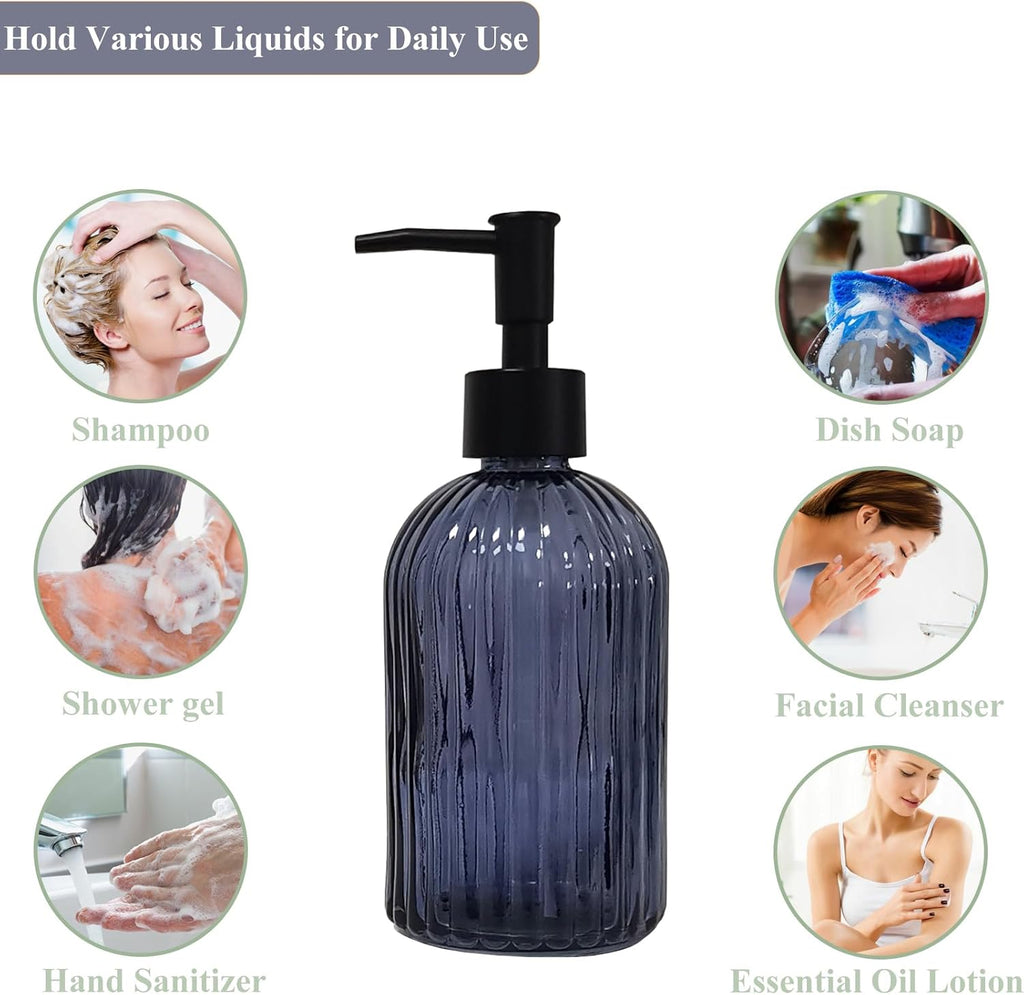 Glass Soap Dispenser with Black Plastic Pump, 13.5oz Refillable Hand Soap Dispenser for Kitchen, Bathroom, Great for Lotions, Essential Oil, Liquid Soap(Grayish Blue)