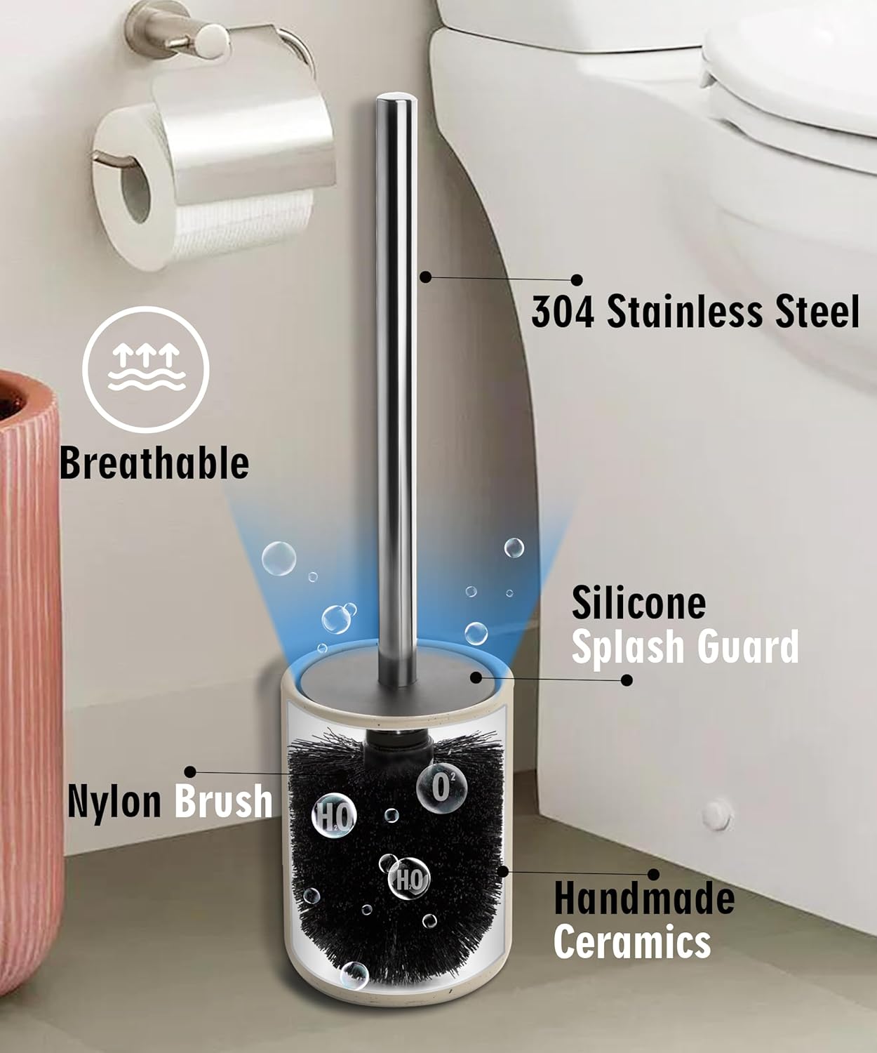 Ceramic Toilet Brush & Holder Set - Freestanding Deep-Cleaning Toilet Bowl Cleaner Brush, Stainless Steel Handle, Small & Sturdy for Storage, Easy to Clean, Non-Scratching