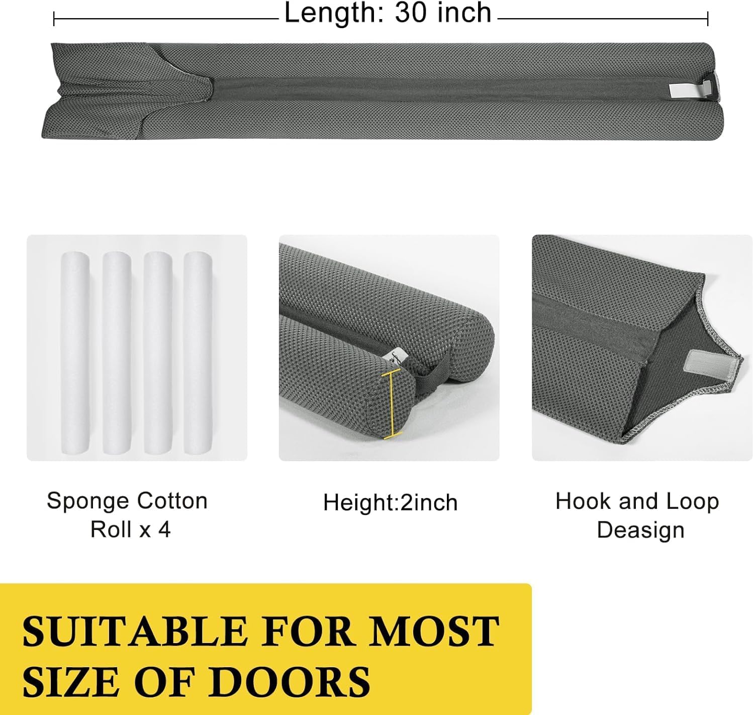 fowong 2 Pack Door Draft Stopper 30" Adjustable Under Door Noise Stopper for Bottom of Doors, Soundproofing Draft Guard, Grey