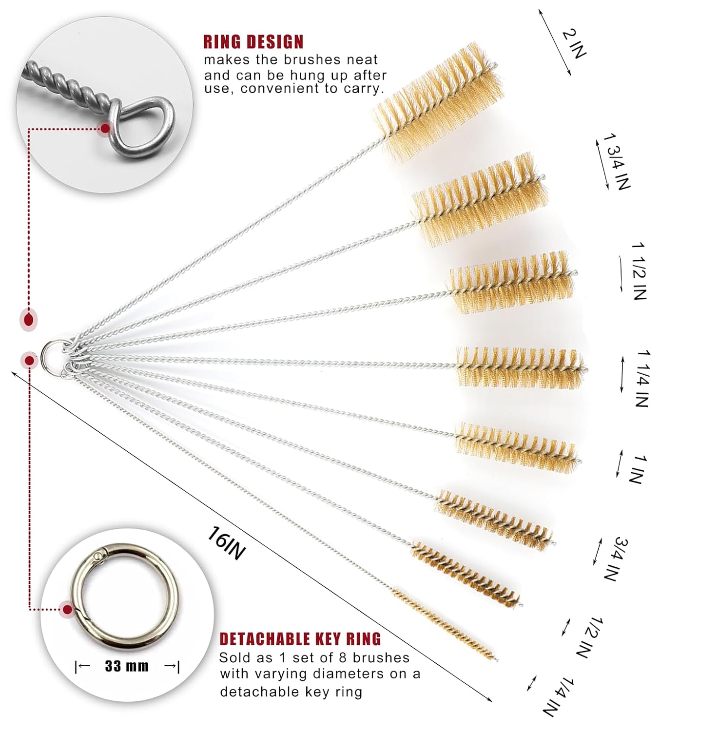 16 Inch Extra Long Pipe Cleaning Brush Set with Brass Bristles, 8 Piece Variety Pack for Auto Parts, Bottles,Tubes, Etc.