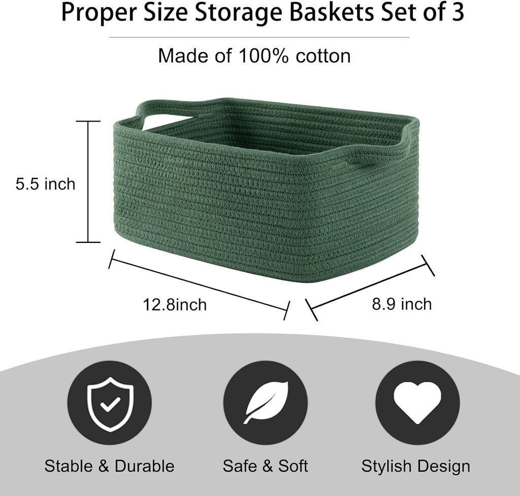 OIAHOMY Cotton Rope Woven Baskets for Storage, Nursery Rectangle Storage Basket with Handles for Shelves, Pack of 3, Green