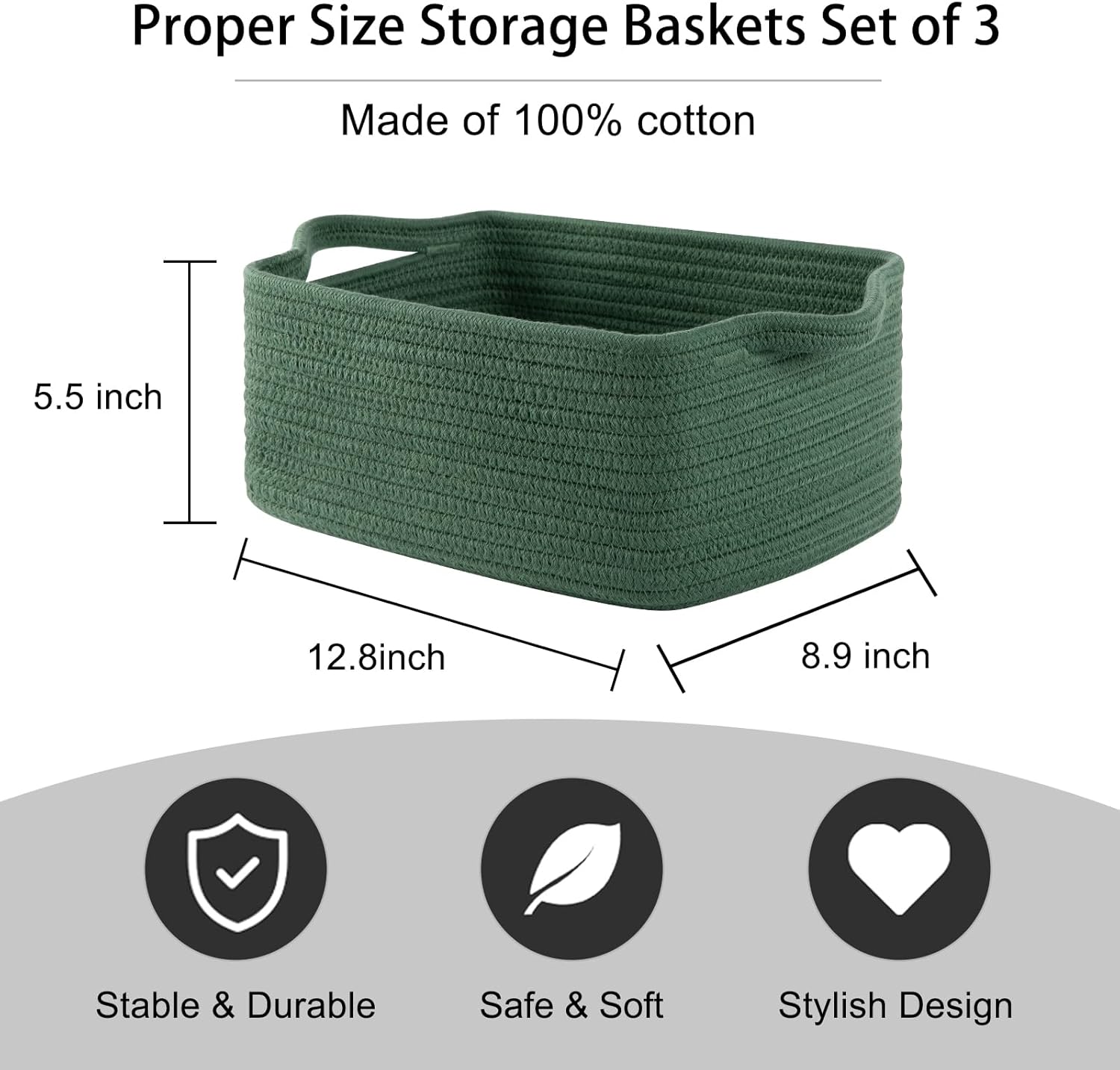 OIAHOMY Cotton Rope Woven Baskets for Storage, Nursery Rectangle Storage Basket with Handles for Shelves, Pack of 3, Green