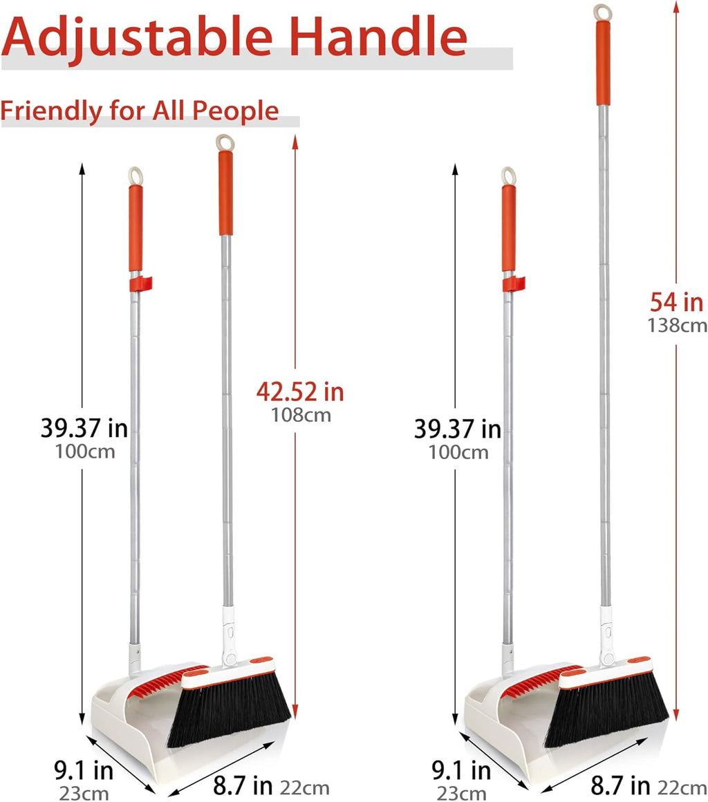 JEHONN Broom and Dustpan Set for Home, Long Handle Lightweight 180 Degree Rotating Broom Set Indoor, Upright Standing Dust Pan with Comb Teeth, Store Sweep Set for Room Kitchen Office (Grey & Red)