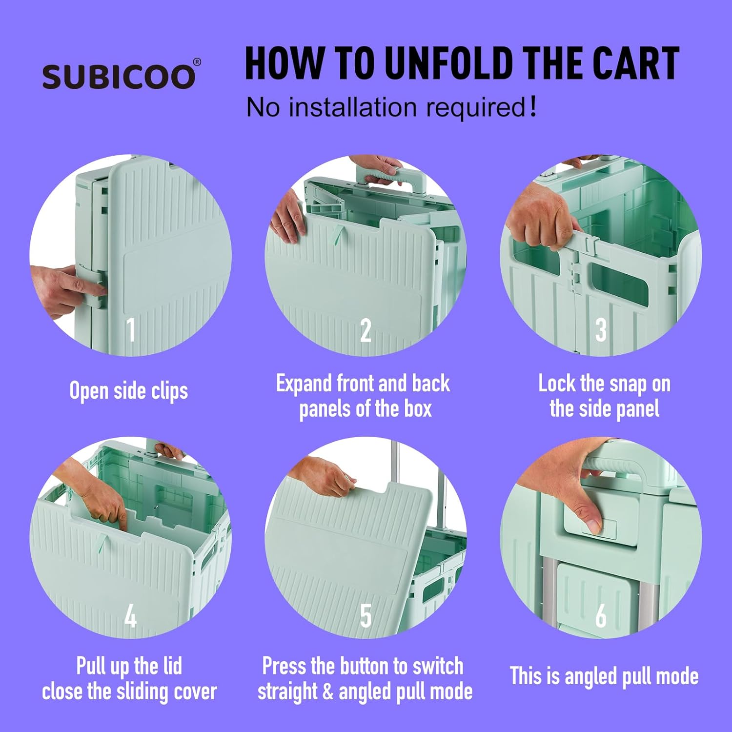 Folding Utility Cart Portable Rolling Crate Handcart Shopping Trolley Collapsible Tool Box, with Lid, on 4 Rotate Wheels, for Grocery, Shopping, Office, Camp, Teacher (Green)