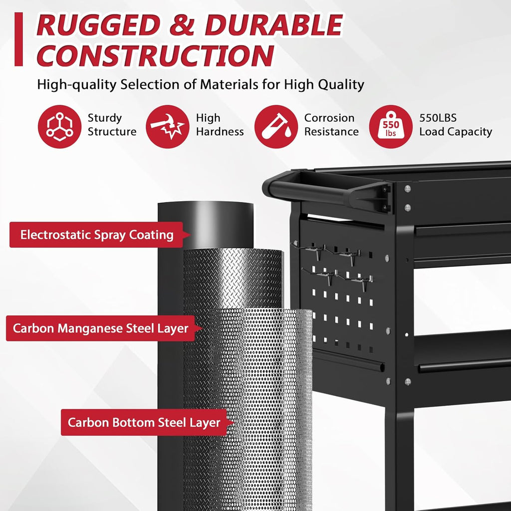 3 Tier Rolling Tool Cart on Wheels, Heavy Duty Service Cart Industrial Utility Cart with Drawer and Screwdriver Rack Pegboard, 550 LBS Mobile Tool Storage Organizer for Garage, Workshop(Black)