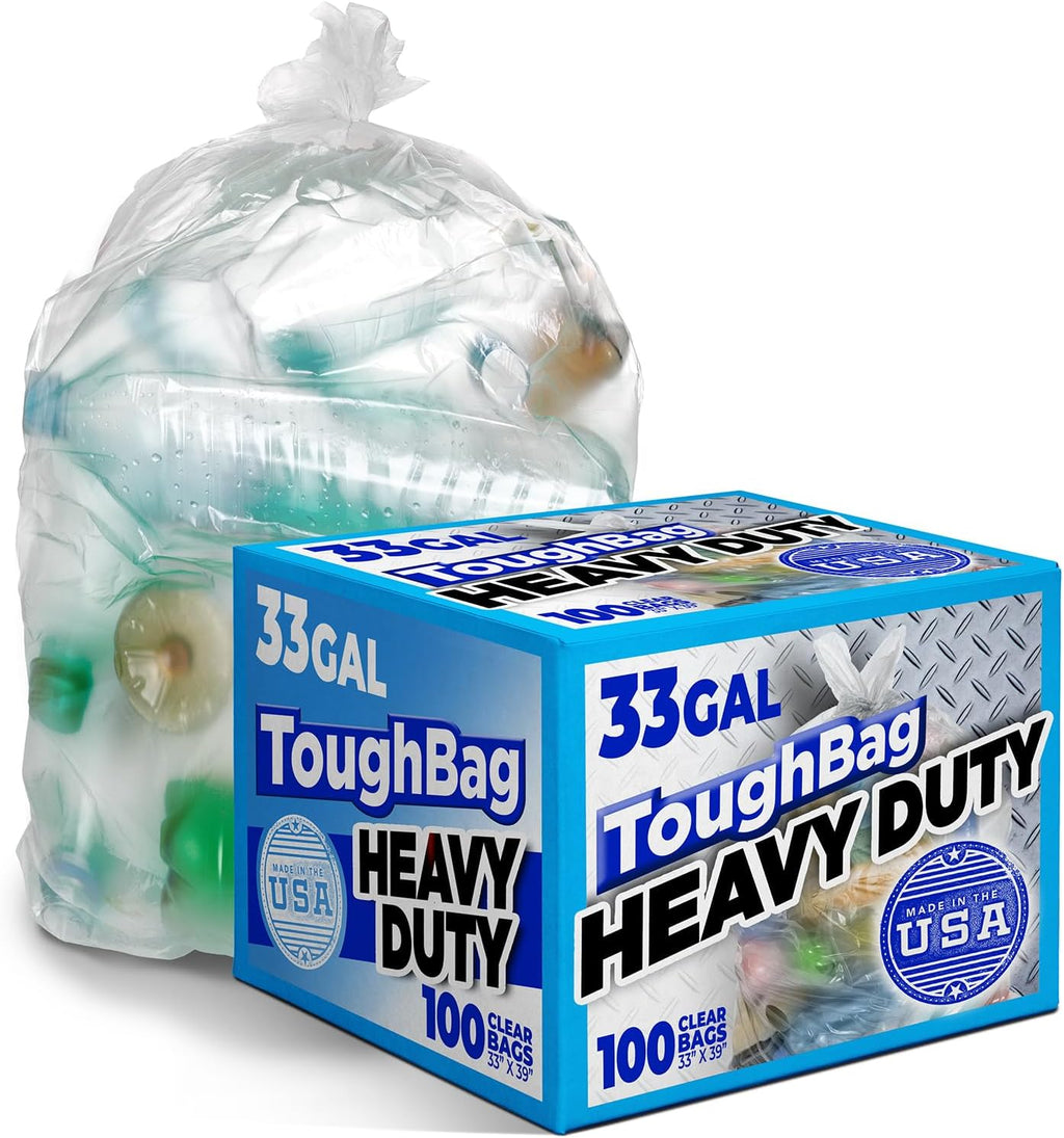 ToughBag 30-33 Gallon Clear Trash Bags (100 Count) Recycling Bag, Garbage Can Liners – Clear Trash Bags 30+ Gallon - Made In USA