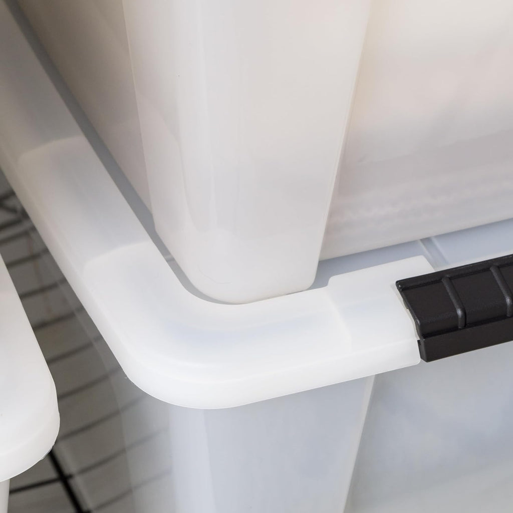 IRIS USA 13.5 Qt Stackable Plastic Storage Bins with Lids, 8 Pack - BPA-Free, Made in USA - Discreet Organizing Solution, Latches, Durable Nestable Containers, Secure Pull Handle - Pearl