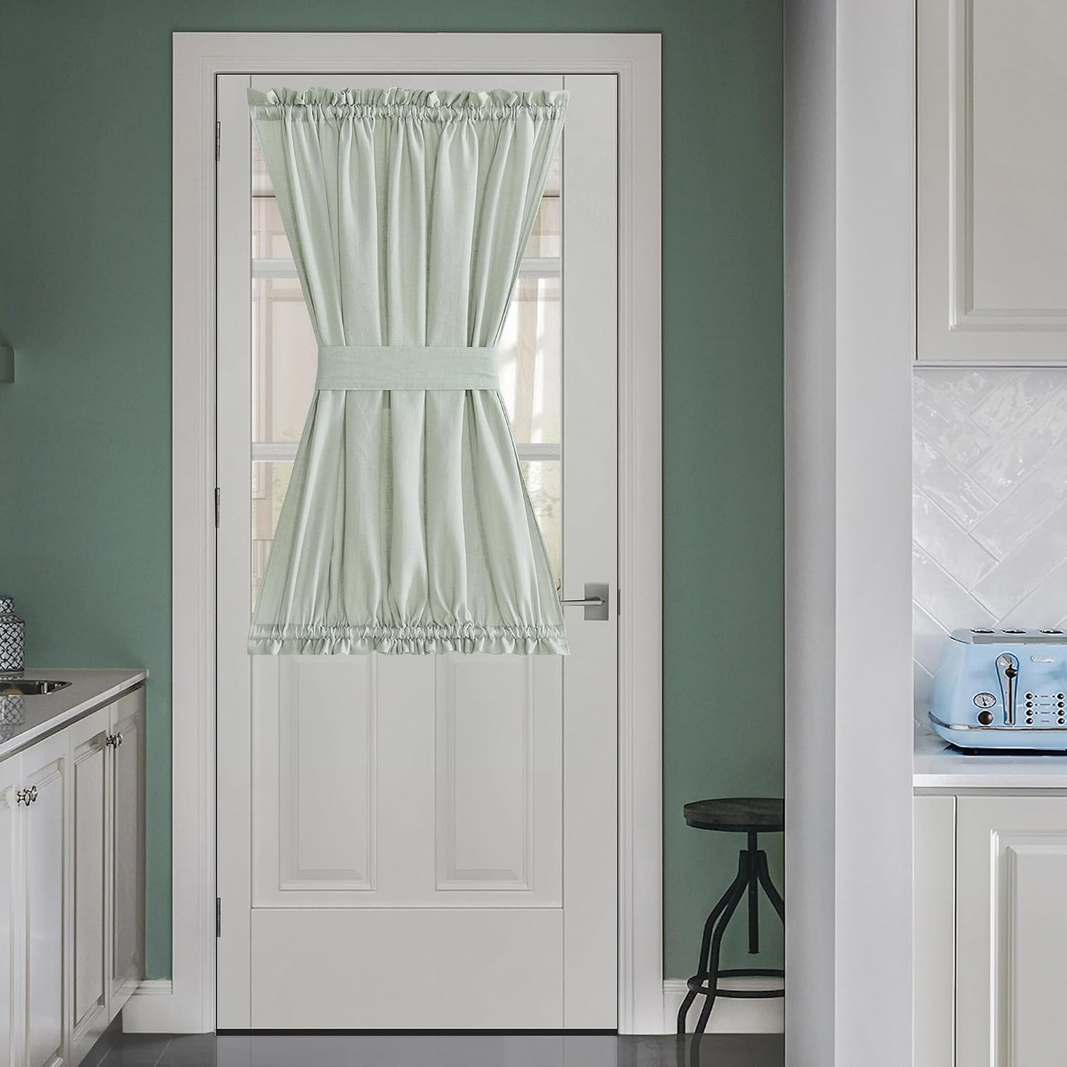 NICETOWN Sage Green Curtains Door Curtains for Kitchen Window, Elegant Farmhouse Linen Privacy Assured French Door Shade for Glass Patio with Tieback, 52" Wide x 40" Length, 1 Panel