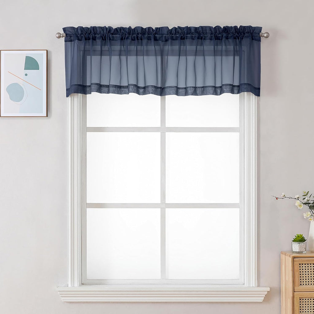 Chyhomenyc Sheer Window Valance Curtains, 42x14 Inches Light Filtering Valances Windows Treatment, Small Rod Pockets Voile Sheer Curtains for Living Room/Bathroom/Basement, Navy Blue, 2PCS