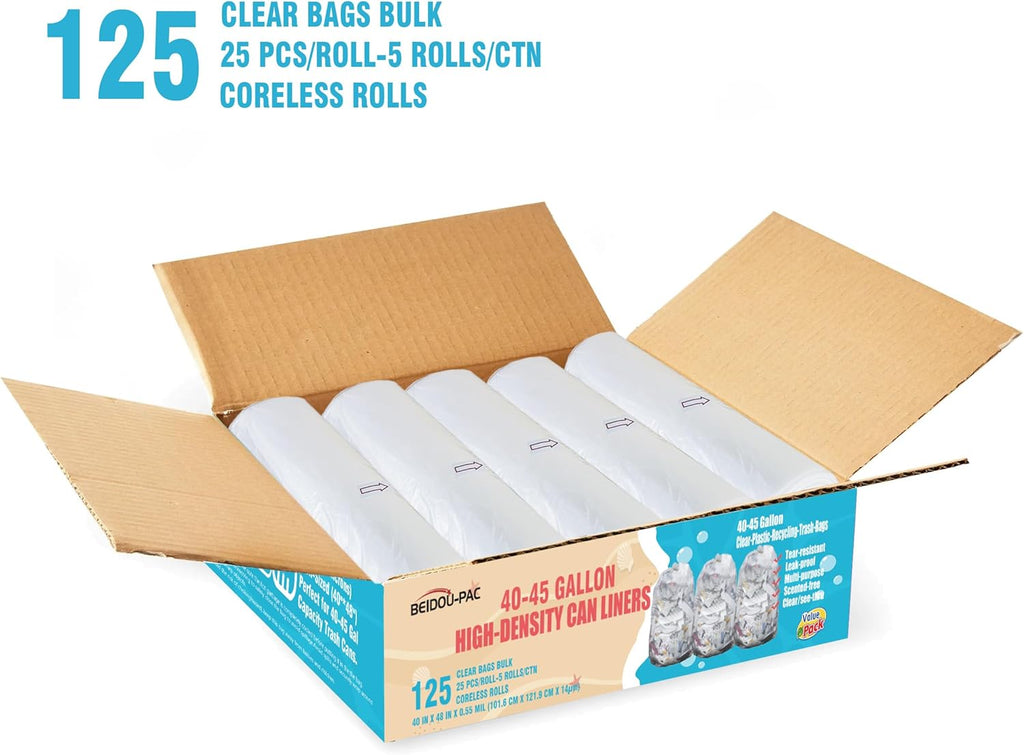 40-45 Gallon Lawn & Leaf Trash Bags, 125 Count Bulk, Heavy Duty Clear Plastic Recycling Bags, Multi-purpose Garbage Bags for Home Commercial, Outdoor, Construction, Industrial