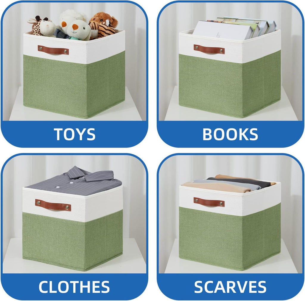Temary 13 Inch Cube Storage Bin 4 Pack Fabric Storage Cubes Fabric Storage Bin for Shelf, Cube Storage Basket with Leather Handles(White&Green)