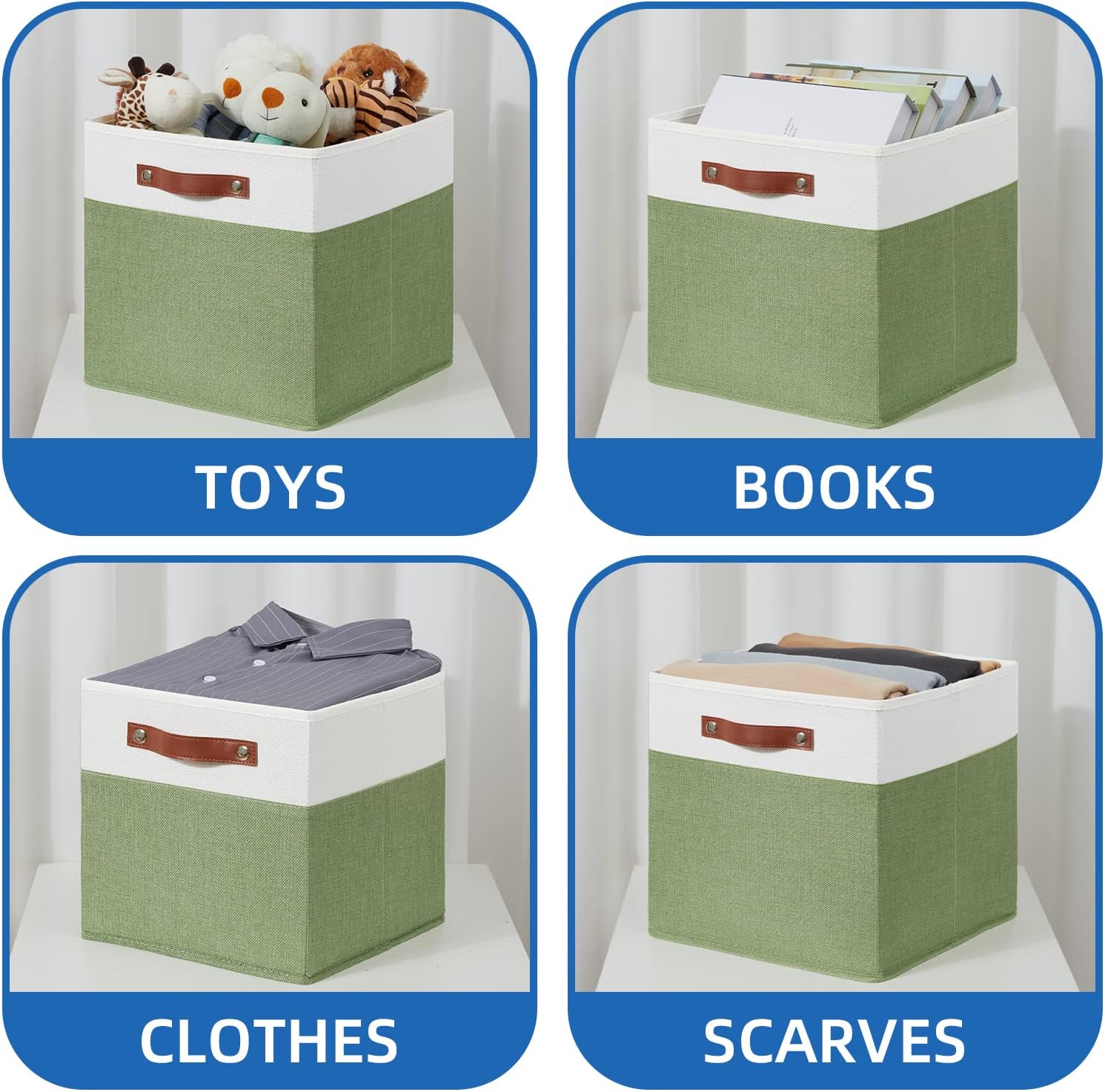 Temary 13 Inch Cube Storage Bin 4 Pack Fabric Storage Cubes Fabric Storage Bin for Shelf, Cube Storage Basket with Leather Handles(White&Green)