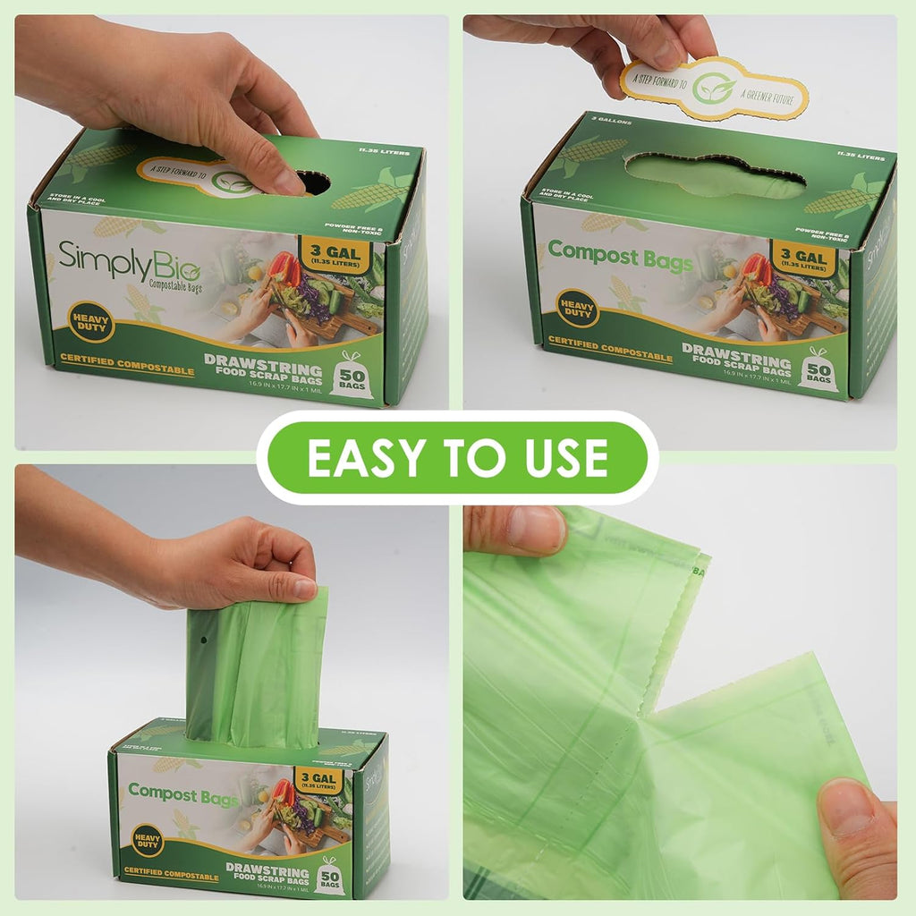 3 Gallon Compostable Trash Bags with Drawstring, Heavy Duty Extra Thick 1 Mil, 11.36 Liter, 50 Bags, Small Kitchen Food Scrap Waste Bag, US BPI and OK Compost Home Certified(3 Gallon 50 Count)