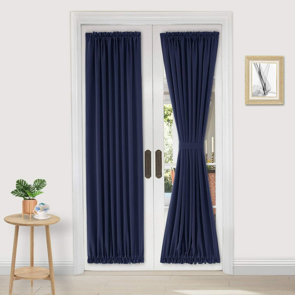 DWCN French Door Curtains – Rod Pocket Thermal Blackout Curtain for Doors with Glass Window, Kitchen and Patio Doors for Privacy, 25 X 72 Inches Long, 1 Curtain Panel with Tieback, Navy Blue