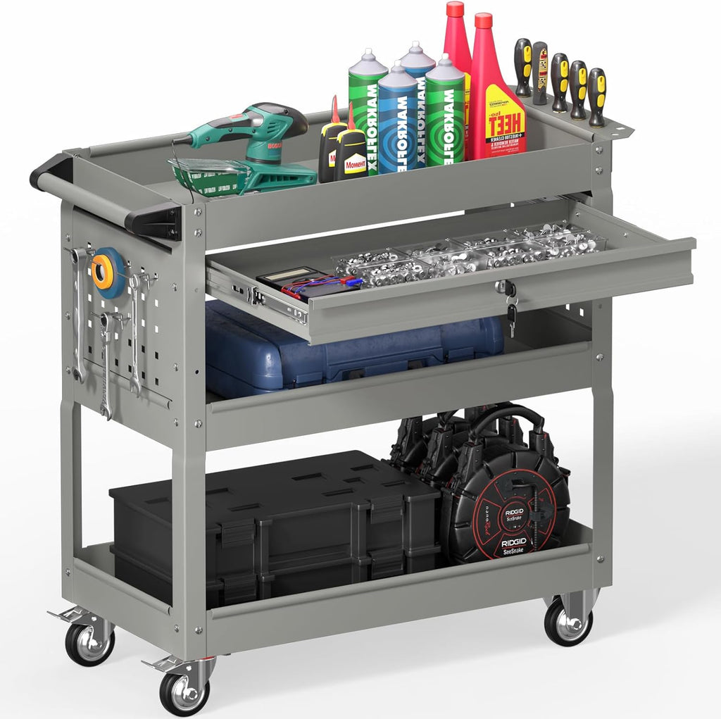 3 Tier Rolling Tool Cart on Wheels, Heavy Duty Industrial Utility Cart Service Cart with Drawer and Screwdriver Rack Pegboard, 550 LBS Mobile Tool Storage Organizer for Workshop, Garage(Gray)