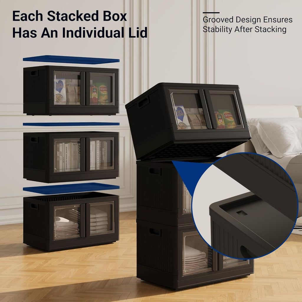 FLEXIMOUNTS 152 QT Stackable Storage Bins With Lids, Collapsible Plastic Storage Bins, Closet Organizers and Containers with Doors and Built-in Wheels For Home, 2 Pack Cubes, Milky White