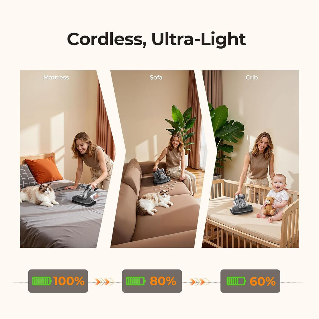JIGOO Mattress Vacuum Cleaner with UV-C Light, Bed Vacuum Cleaner with Dust Sensor, Ultrasonic and High Heating, Deep Cleaning Bed Vacuum for Sofa Bed Fabric Surface (S100 Cordless)