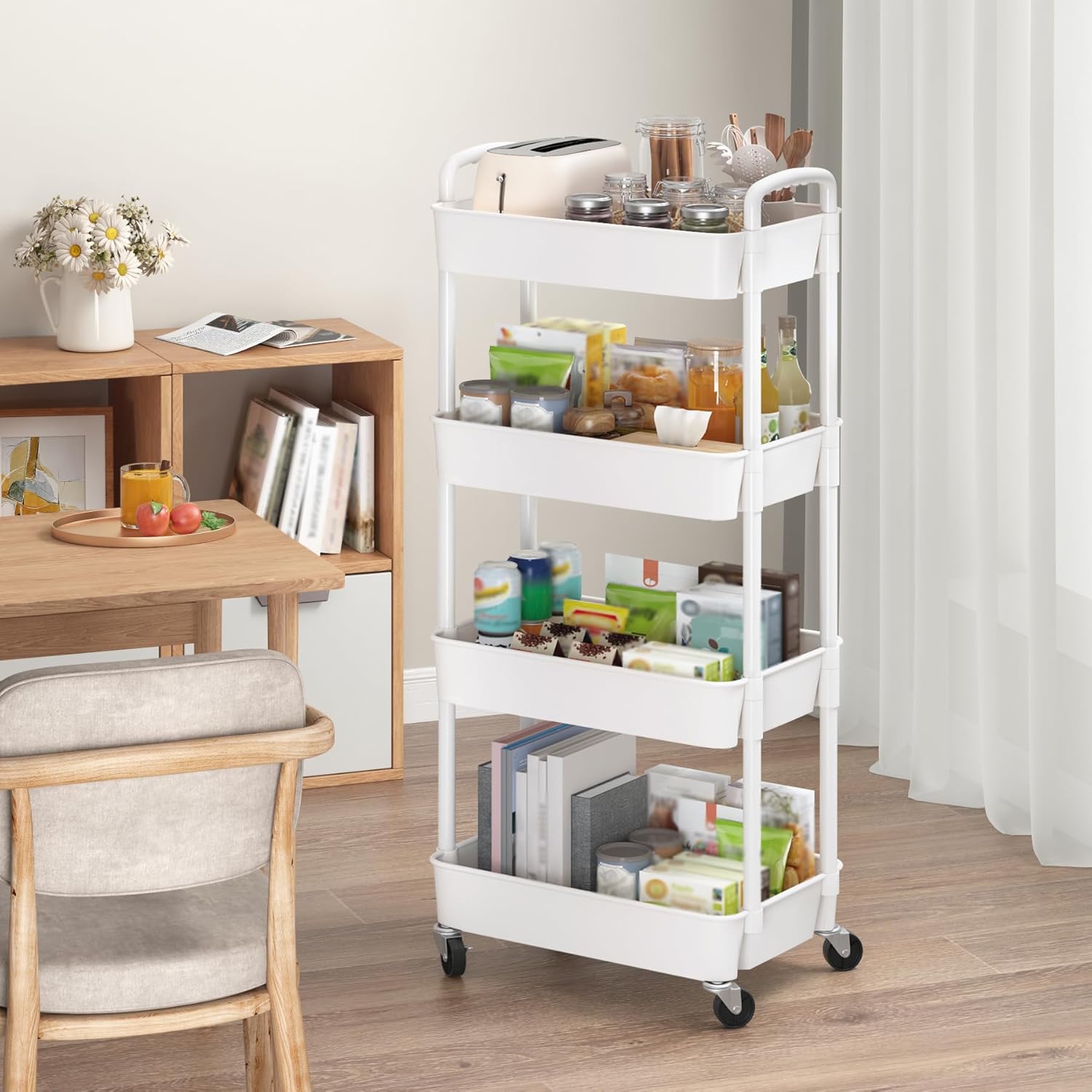 Sywhitta 4-Tier Plastic Rolling Utility Cart with Handle, Multi-Functional Storage Trolley for Office, Living Room, Kitchen, Movable Storage Organizer with Wheels, White