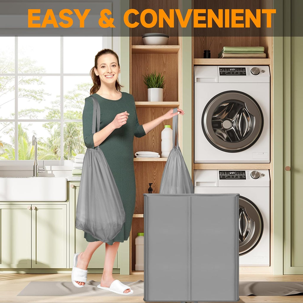 150L Double Laundry Hamper with Lid and Removable Bags,28in Tall Laundry Basket 2 Section,Large Dirty Clothes Hamper 2 Dividers for Bedroom,Laundry Room,Bathroom,Dorm Grey