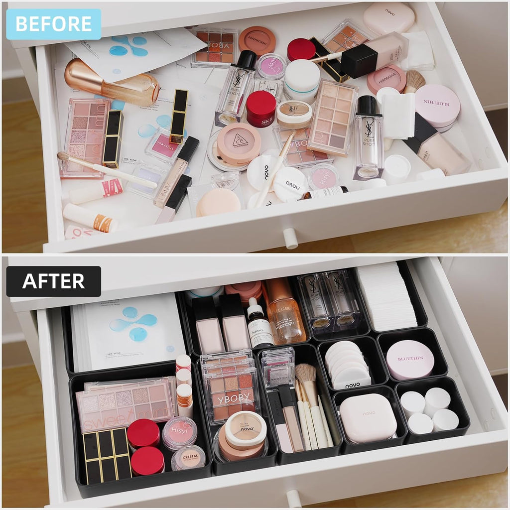 11-Piece Stackable Drawer Organizer Set, Multi-size Desk Drawer Organizer Trays Vanity Storage Bins for Storing Makeup, Stationery, Utensils in Bathroom Dresser, Office and Kitchen