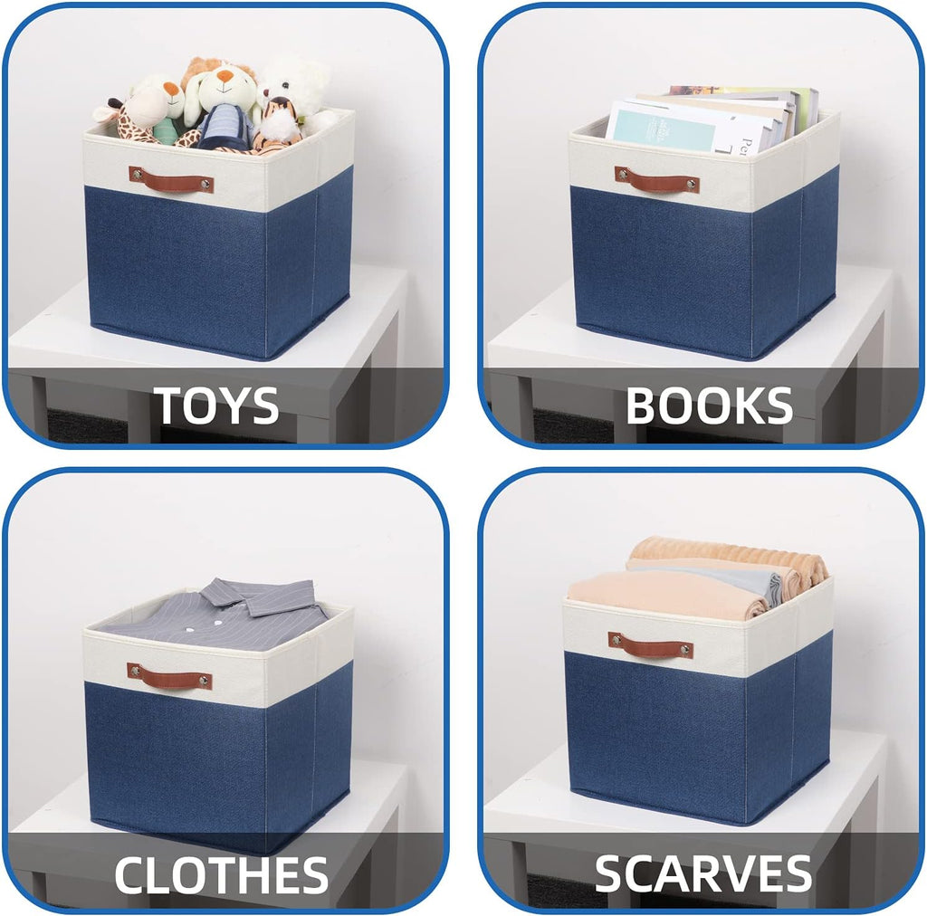 Temary Fabric Storage Bins for Cube Organizer 4 Pack Cube Storage Bins 13 Storage Cubes for Shelves Storage Baskets for Organizing Books, Clothes, Towels (White & Blue, 13x13x13 Inch)