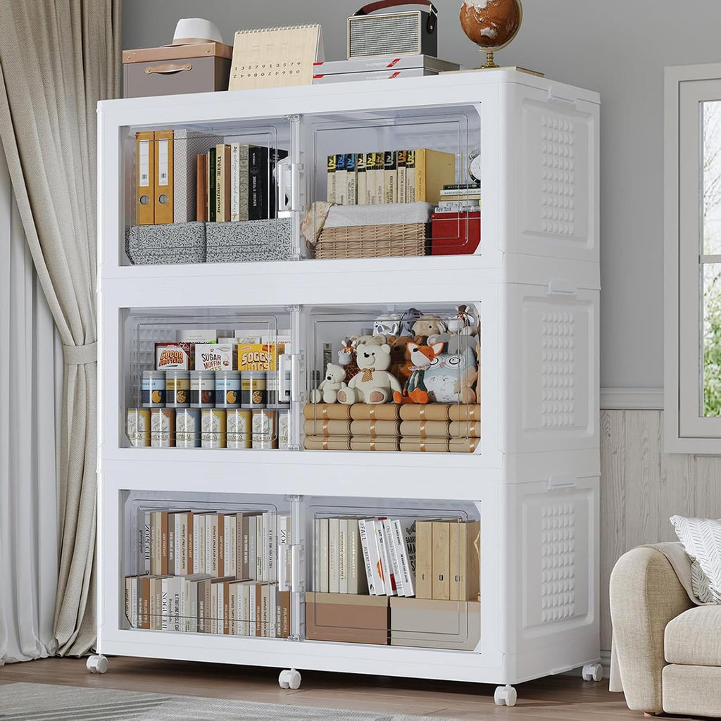 120GAL Extra Large Storage Bins with Lid, 480Qt Stackable Closet Organizers and Drawers, Collapsible Storage Bins with Wheels, Folding Storages Cabinet for Home Bedroom Office, 3Pack White
