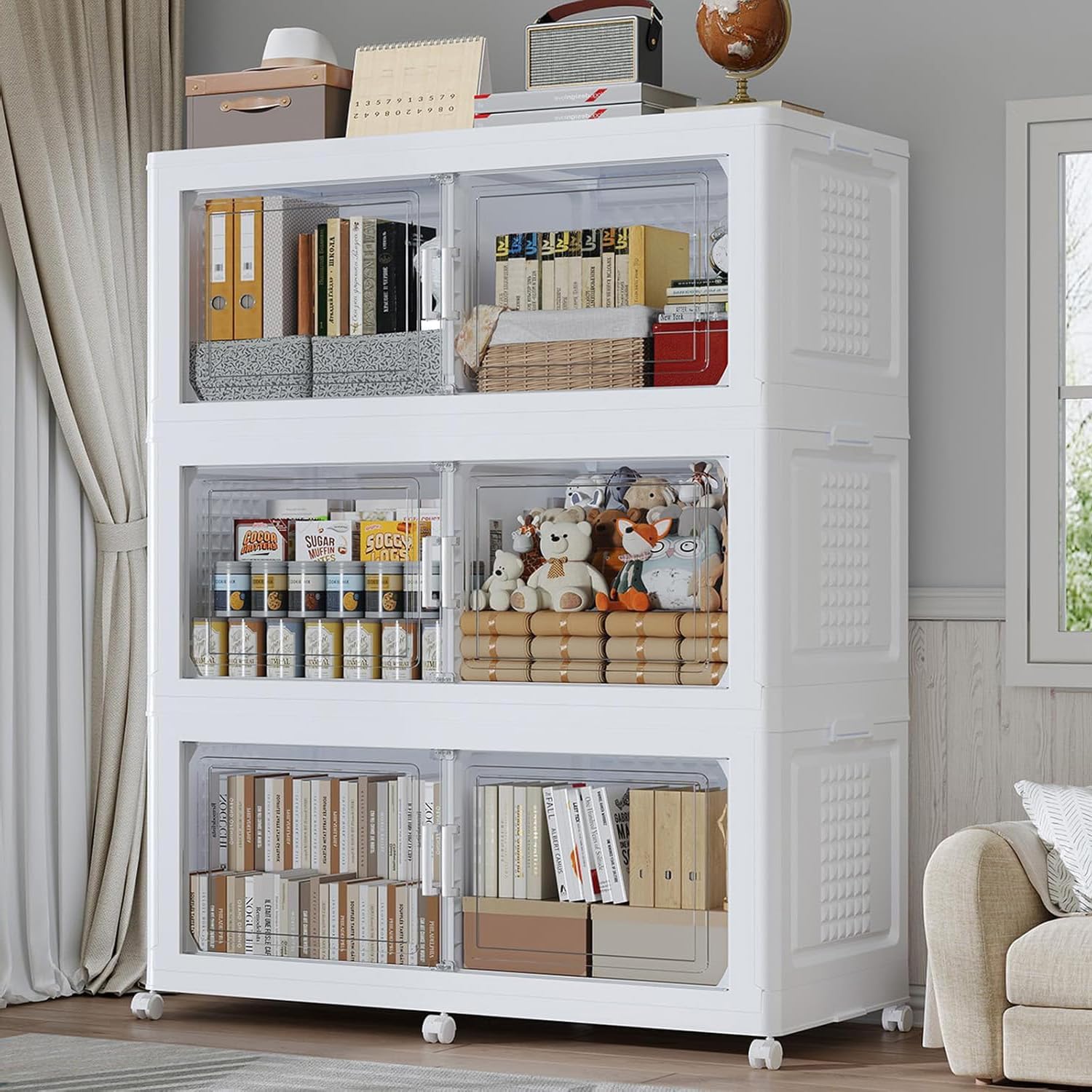 120GAL Extra Large Storage Bins with Lid, 480Qt Stackable Closet Organizers and Drawers, Collapsible Storage Bins with Wheels, Folding Storages Cabinet for Home Bedroom Office, 3Pack White