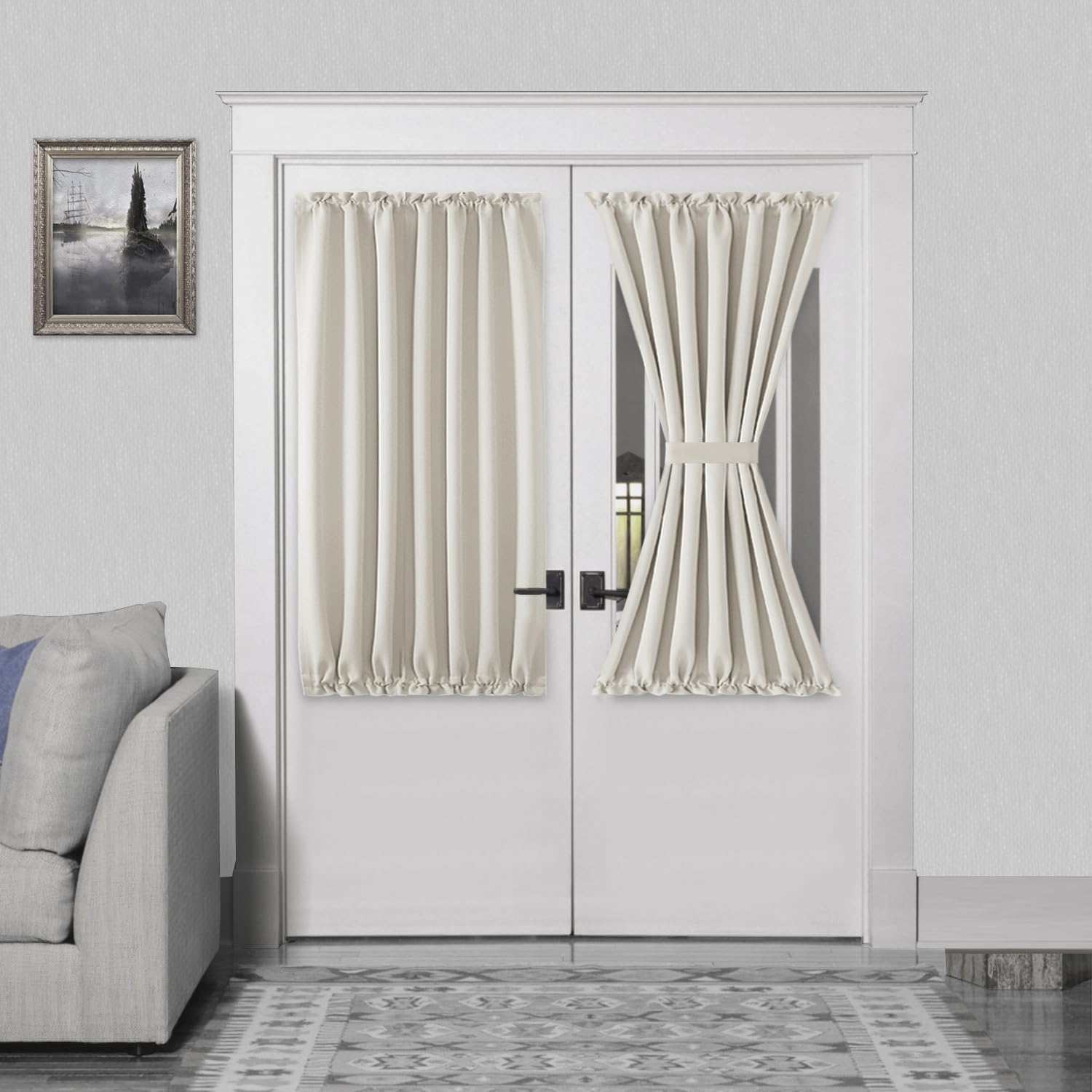 DWCN French Door Curtains Rod Pocket Thermal Blackout Curtain for Glass Windows, Kitchen and Patio Doors for Privacy, 54 X 40 Inches Long, 1 Curtain Panel with Tieback, Ivory