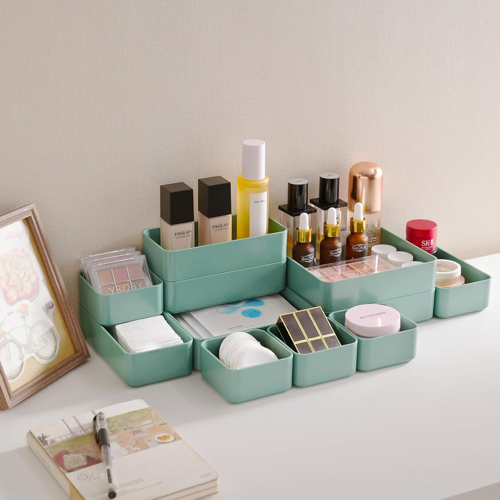 11-Piece Stackable Drawer Organizer Set, Multi-size Desk Drawer Organizer Trays Vanity Storage Bins for Storing Makeup, Stationery, Utensils in Bathroom Dresser, Office and Kitchen